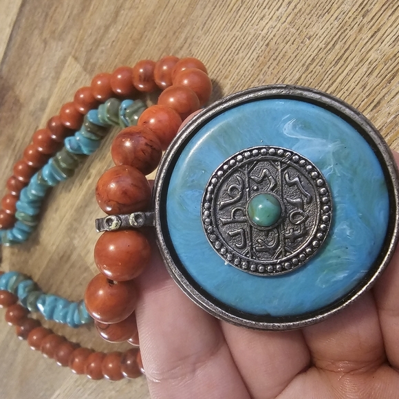 Bohemian Red and Blue Layered Necklace with Bold Pendant - Picture 4 of 5